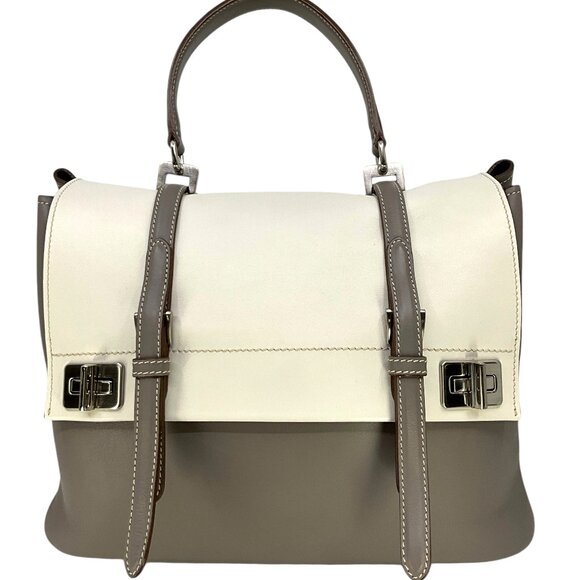 PRADA Dual Flap Double Turn Lock Satchel City Calfskin Large - Picture 1 of 9